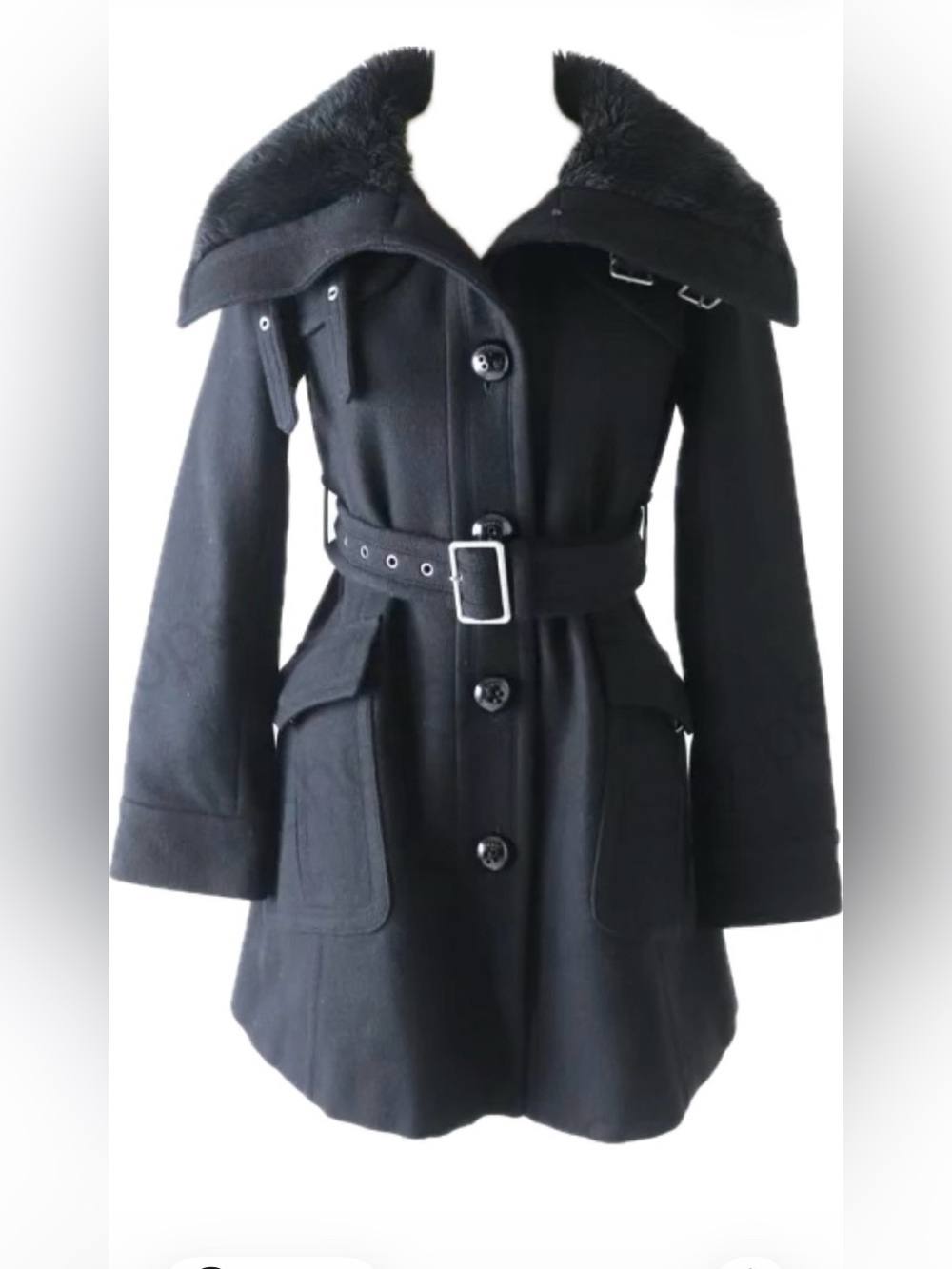 Burberry Black Wool Coat with Faux Fur Collar